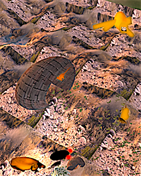 Screenshot of installation titled "Night Nests with Pests" showing creature habitat