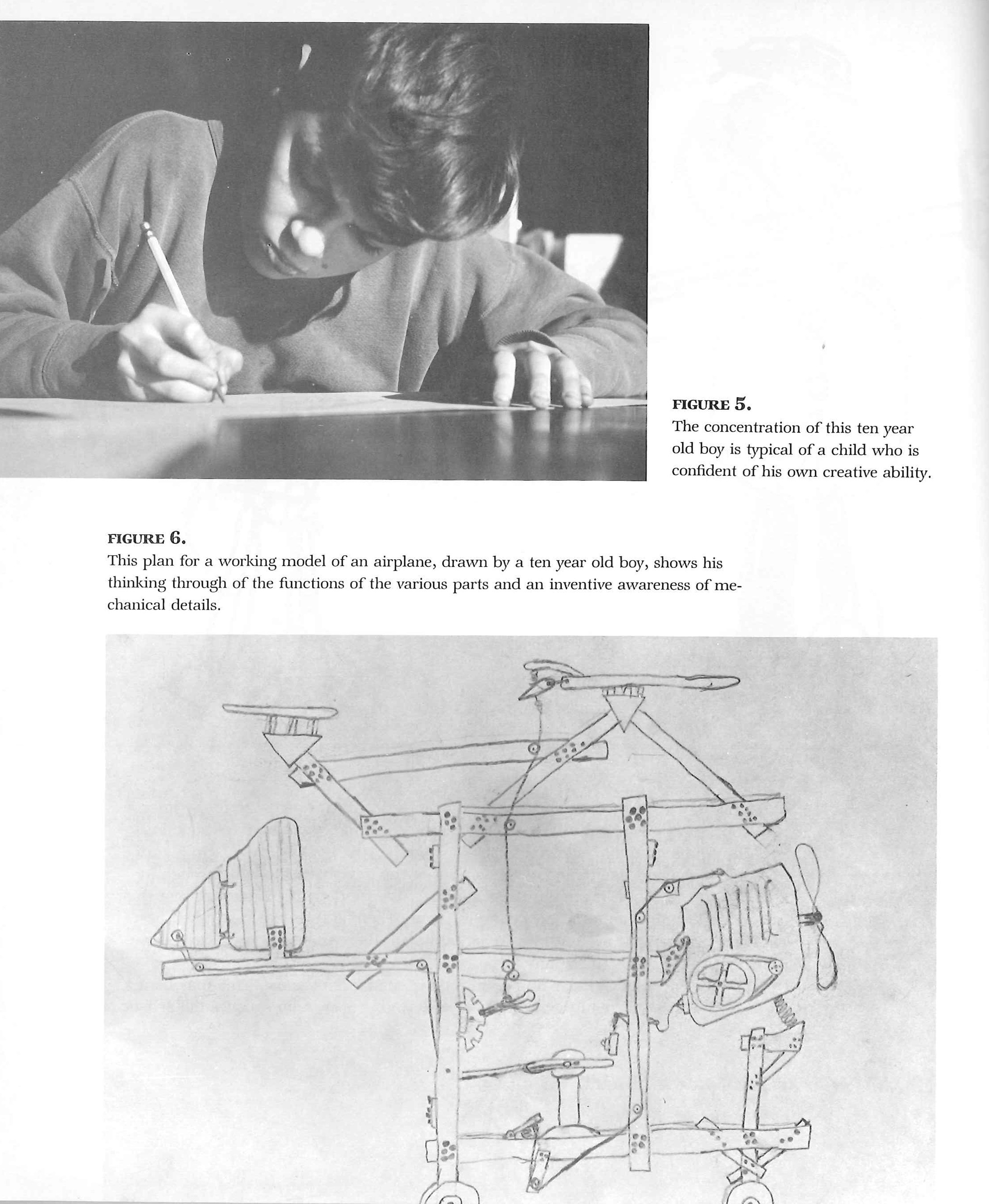 father of author drawing confidently (Fig 5) and his drawing of a working model of an airplane (Fig 6)